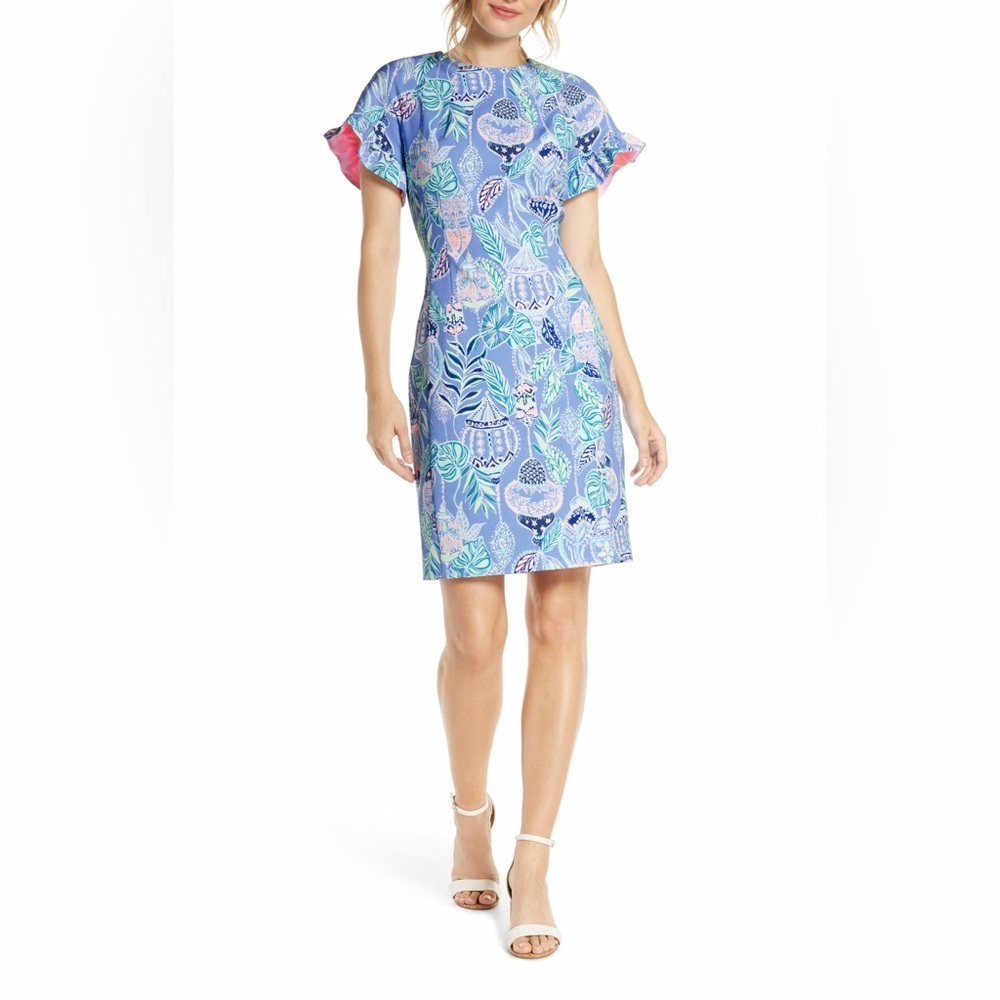 LILLY PULITZER KERSTIN STRETCH SHIFT DRESS Blue Peri Lapis Lanterns (109)